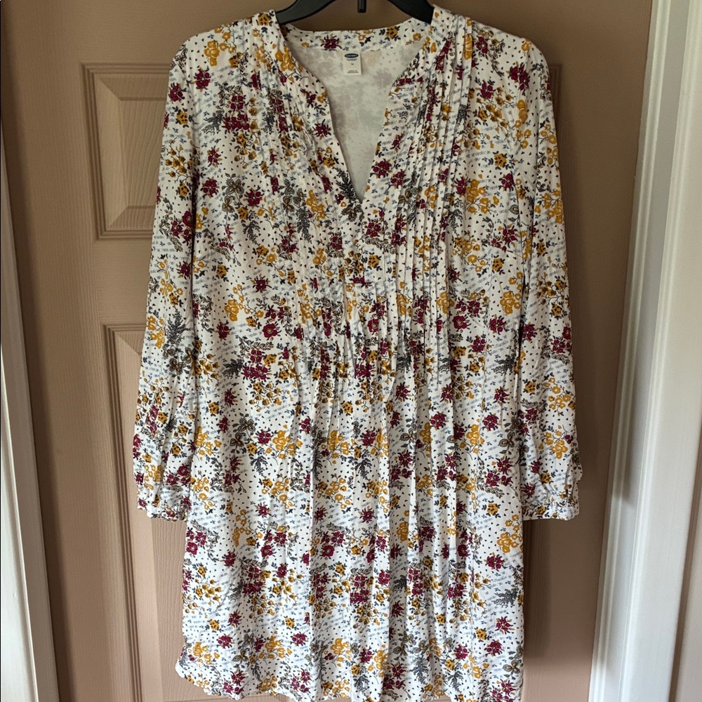 Old Navy White Floral Long-Sleeve Tunic Dress with Burgundy and Mustard Print